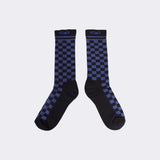 Black and blue checkerboard dress socks, pair laid flat