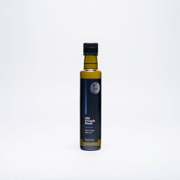 Old French Road kalamata extra virgin olive oil produced in Akaroa, New Zealand, two sizes