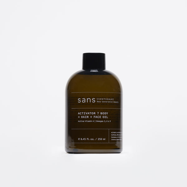 Activator 7 body + hair + face oil by Sans Ceuticals is a bathroom staple for building healthy, luminous skin