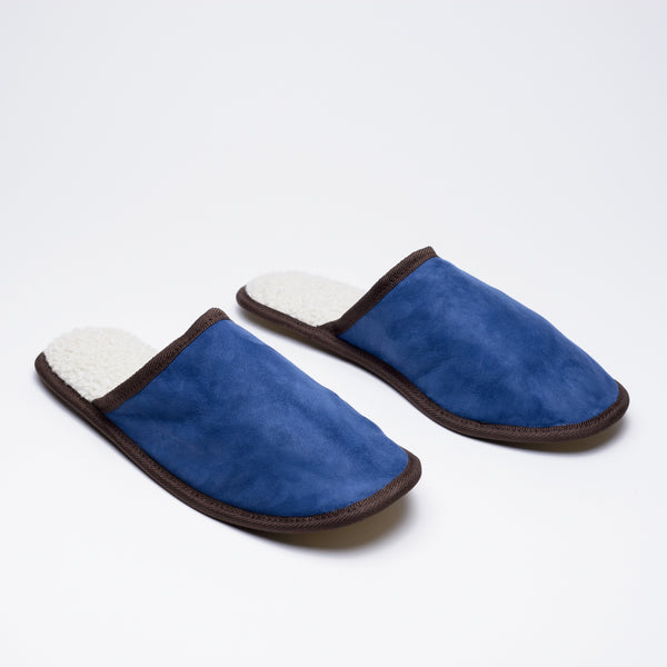 Lambskin slippers in blue made in Geraldine, New Zealand