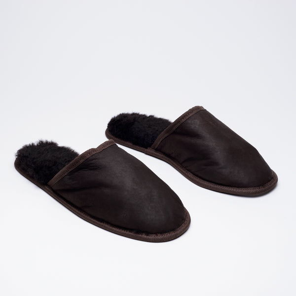 Lambskin slippers in dark brown made in Geraldine, New Zealand
